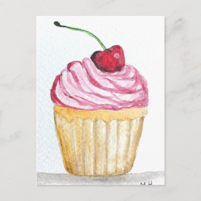 Cartão Postal Cupcake rosa com cereja (Frente)