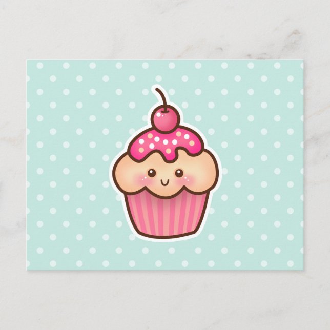 Cartão Postal Cupcake rosa Kawaii e Bolinhas azuis de Casa Branc (Frente)