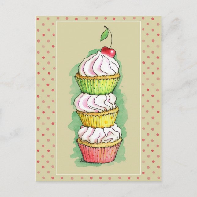 Cartão Postal Cupcakes de aquarelas. Ilustração de cozinha. (Frente)