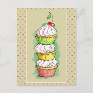 Cartão Postal Cupcakes de aquarelas. Ilustração de cozinha.