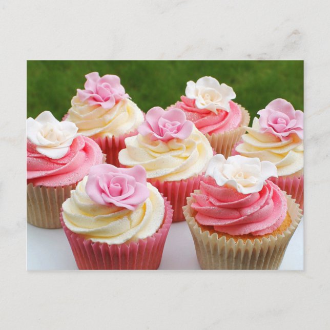 Cartão Postal Cupcakes de Casamento de Rosa Elegante (Frente)
