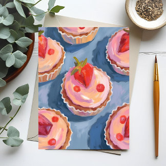 Cartão Postal Cupcakes de Morango | Aquarela de Frutas Comemorat