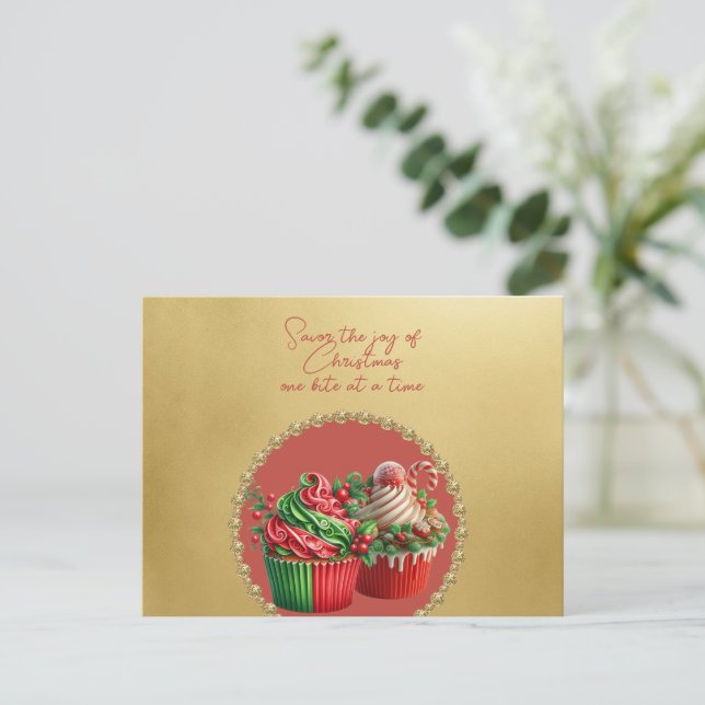 Cartão Postal Cupcakes de Natal Saboreie a Alegria (Em pé/Frente)