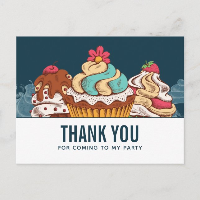 Cartão Postal Cupcakes Estilo Retrô Doce Sobremesa Obrigado (Frente)