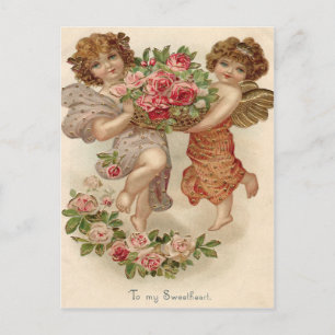 Cartão Postal Cupid Cherub Angel Basket Rosa