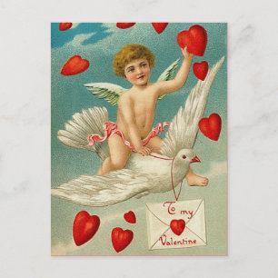 Cartão Postal Cupido dando corações em uma pomba