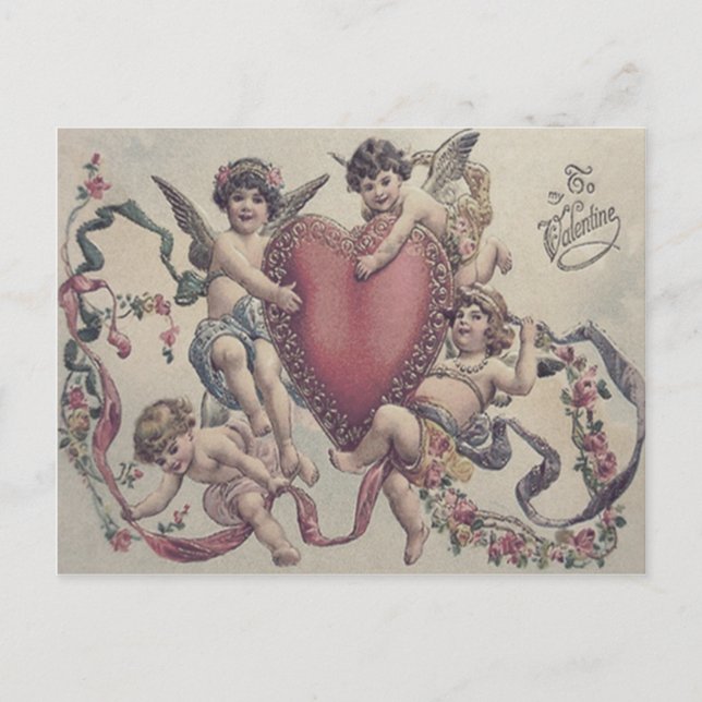 Cartão Postal Cúpido Querubim Anjo Coração Flores (Frente)