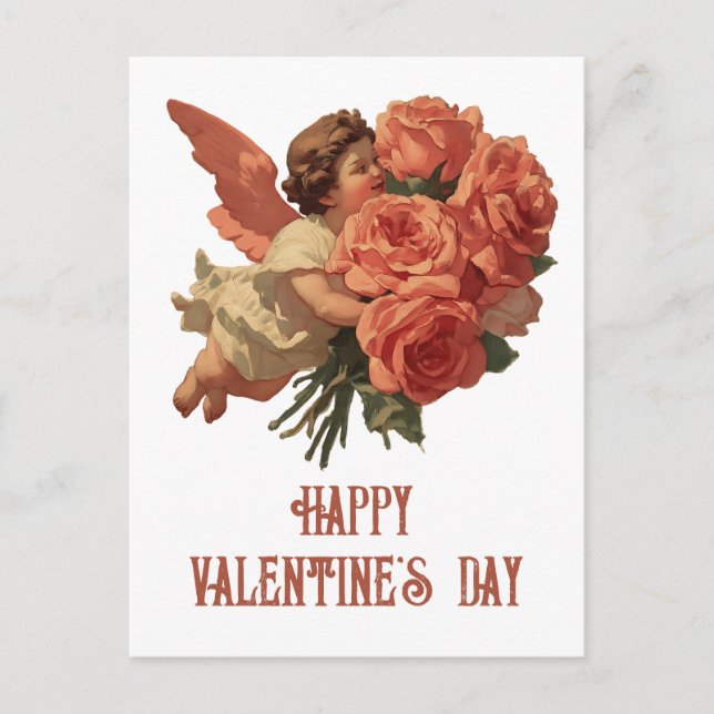 Cartão Postal Cupido Vintage com Buquê de Rosas (Frente)