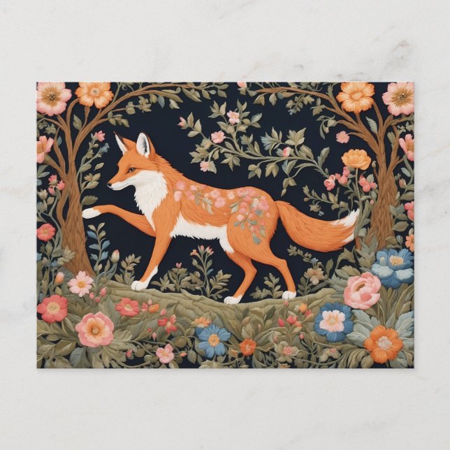 Cartão Postal Curiosa Fox Faux Embroiderme Elegante Floral (Frente)