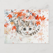 Curioso Kitten no outono deixa em tinta chinesa pa