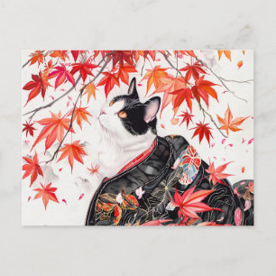 Cartão Postal Curioso Kitten no outono sai em tinta chinesa