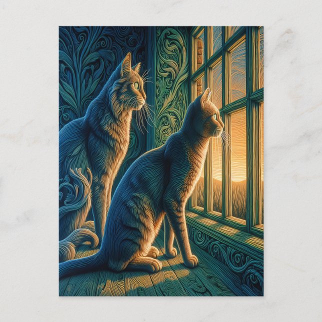 Cartão Postal Curiosos gatos pela janela (Frente)