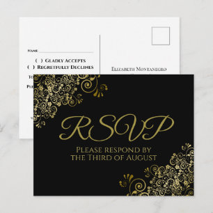 Cartão Postal Curls e Swirls Dourados Chic em RSVP de Casamento