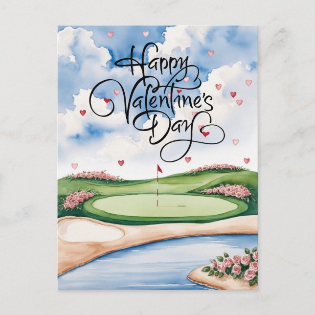 Cartão Postal Curso Romântico de Golfe com Rosas - Cores d'água (Frente)