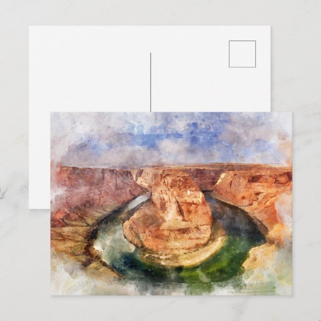 Cartão Postal Curva de ferradura na aquarela de Grand Canyon (Frente/Verso)