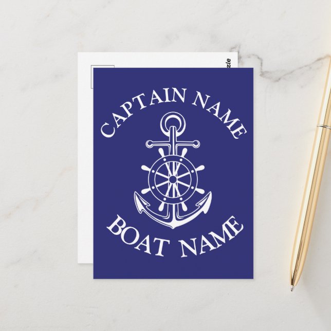 Cartão Postal Custom boat captain name navy Postcard (Frente/Verso In Situ)