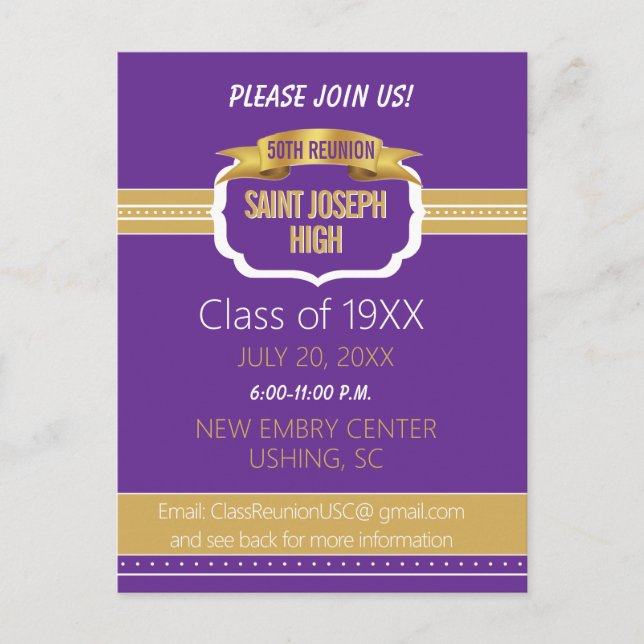 Cartão Postal Custom Purple 50th Class Reunion Invite (Frente)