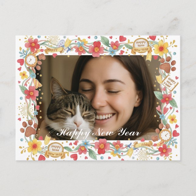 Cartão Postal Customizable Happy New Year Pet Lover Photo  (Frente)