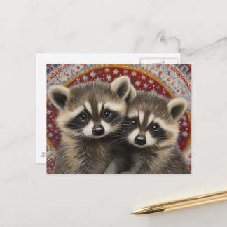 Cartão Postal Cute Adorable Baby Raccoons Boho
