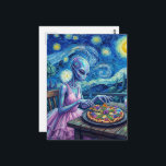 Cartão Postal Cute Alien in Pink Dress Eats Pizza Faux Van Gogh<br><div class="desc">An alien in a pretty pink dress eating some pizza with eggs and flowers on it in a faux Van Gogh  AI generated art</div>