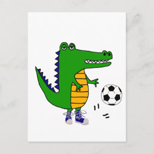 Cartão Postal Cute Alligator Jogando Futebol ou Cartoon de Futeb