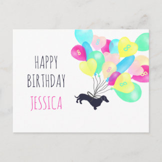 Cartão Postal Cute Any Age Watercolor Balloon Dachshund Birthday