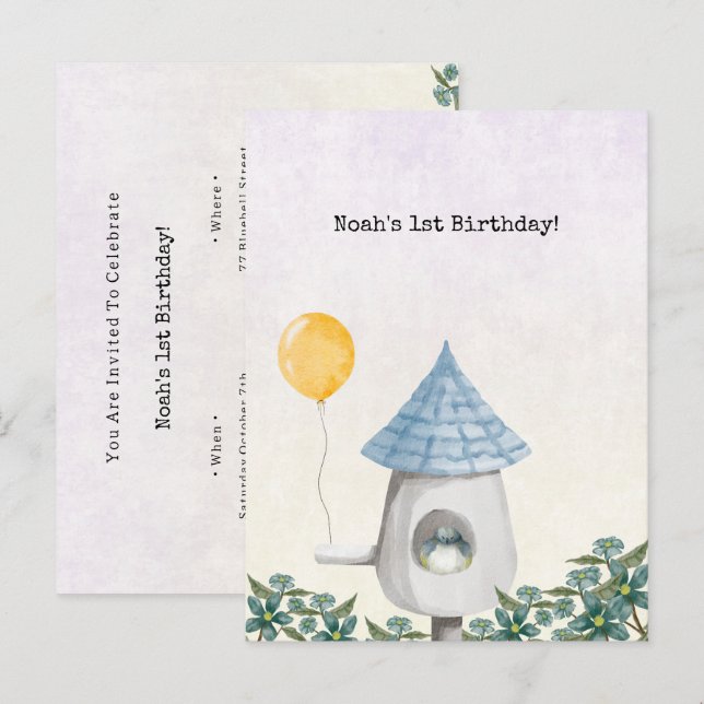 Cartão Postal Cute Baby Bird With Yellow Balloon Invitation (Frente/Verso)