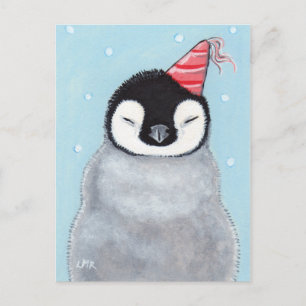 Cartão Postal Cute Baby Penguin Vestindo uma pintura de chapéu d