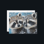 Cartão Postal Cute Baby Raccoons Winter Snow<br><div class="desc">Two adorable baby raccoons in the snow painting AI generated art</div>
