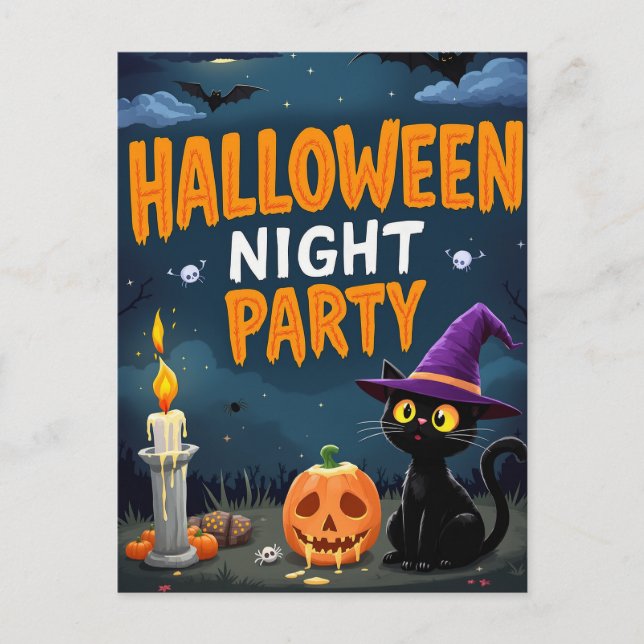Cartão Postal Cute Black Cat Witch Halloween Night Party (Frente)
