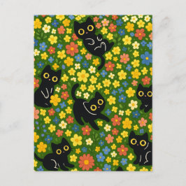 Cartão Postal Cute Black Cats Floral Meadow Pattern