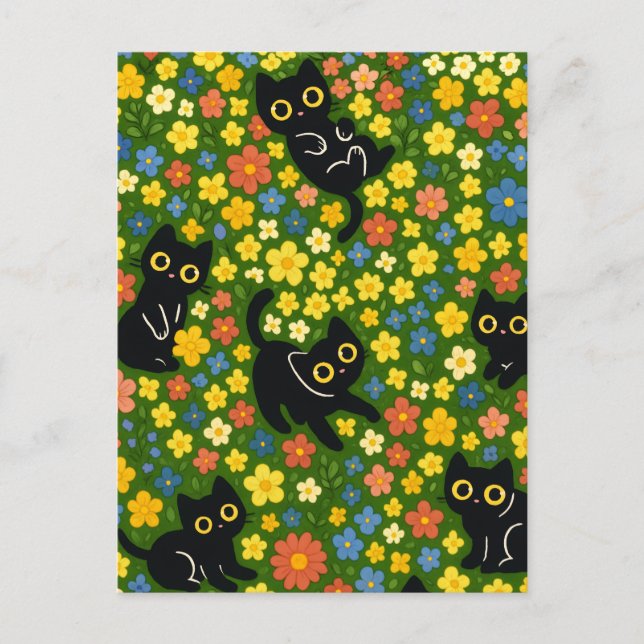 Cartão Postal Cute Black Cats Floral Meadow Pattern (Frente)