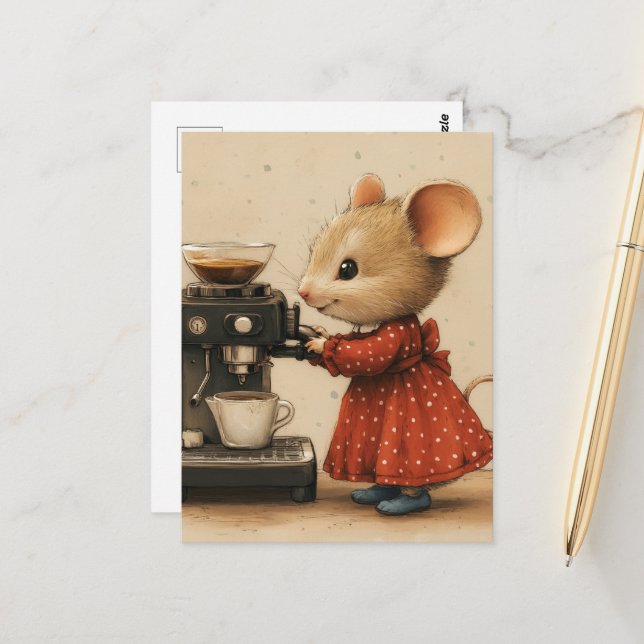Cartão Postal Cute Brown Mouse Makes Coffee (Frente/Verso In Situ)