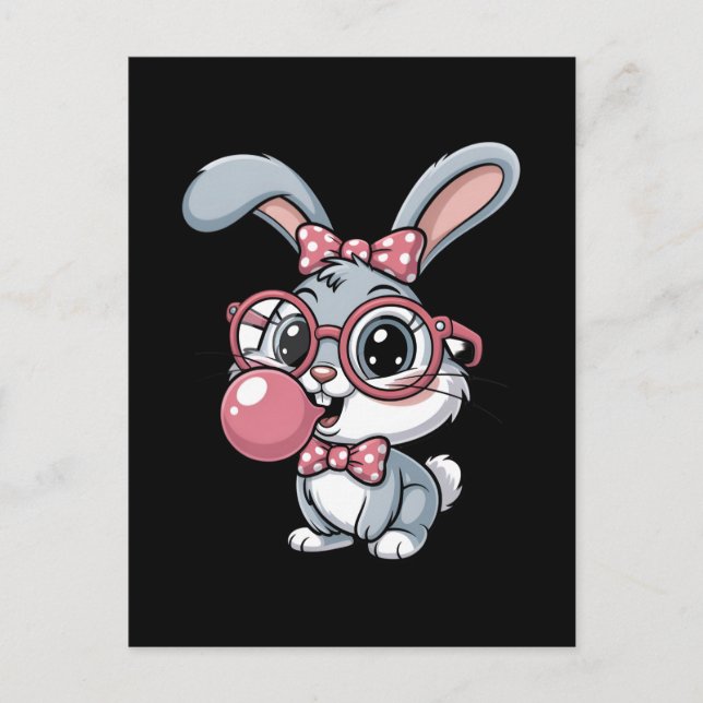 Cartão Postal Cute Bunny with Glasses Blowing Bubble Gum (Frente)