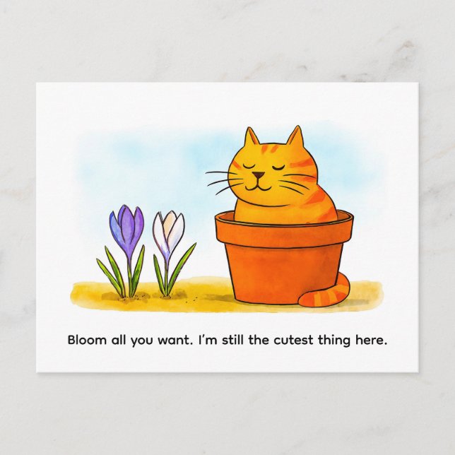 Cartão Postal Cute Cartoon Cat Sitting in Spring Flowers (Frente)