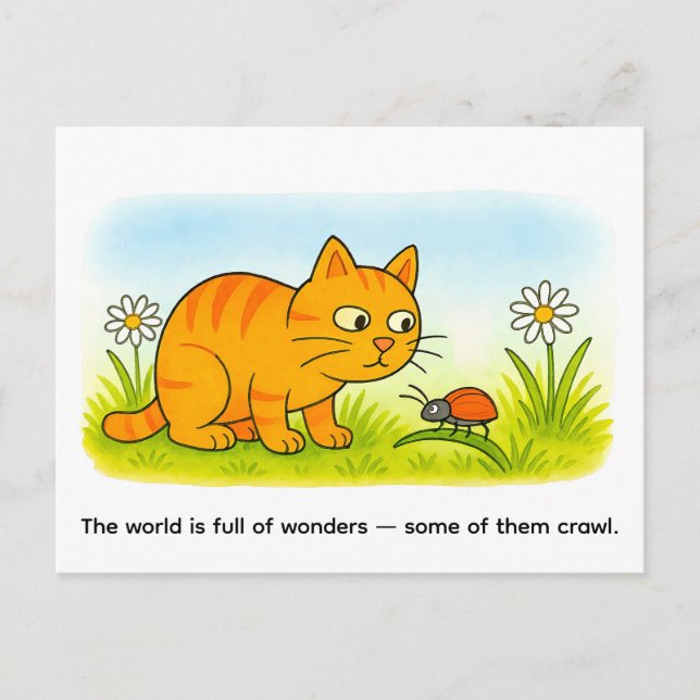 Cartão Postal Cute Cartoon Cat Watching Ladybug in Meadow (Frente)