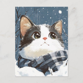 Cartão Postal Cute cat cozy winter snow