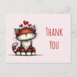Cartão Postal Cute Cat with Red Love Hearts Thank You