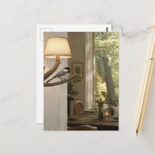 Cartão Postal Cute Chickadee na Sala de Jantar Colagem Surrealis