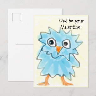 Cartão Postal Cute Childish Blue Watercolor Owl Valentines Day 