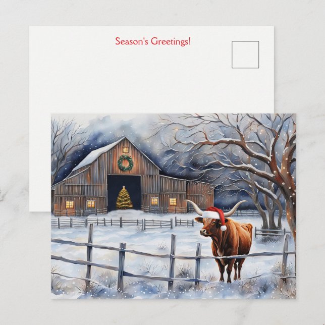 Cartão Postal Cute Christmas Holiday Cow and Barn Country (Frente/Verso)