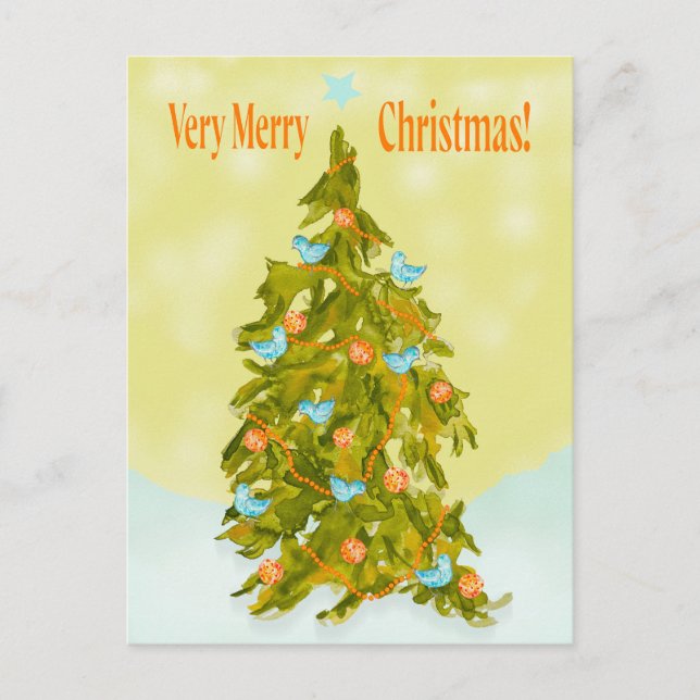 Cartão Postal Cute Christmas Tree with Blue Birds (Frente)