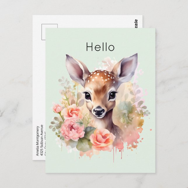 Cartão Postal Cute Deer Cercado Por Rosas (Frente/Verso)