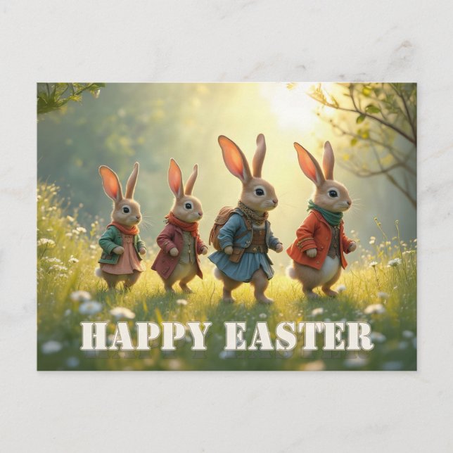 Cartão Postal Cute Easter Bunnies Walking in Spring Meadow (Frente)