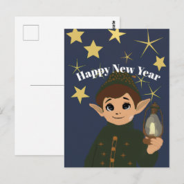Cartão Postal Cute Elf Watcher Starry Night Happy New Year Postc