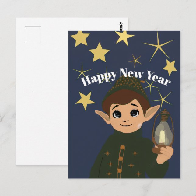 Cartão Postal Cute Elf Watcher Starry Night Happy New Year Postc (Frente/Verso)