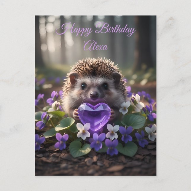Cartão Postal Cute February Hedgehog with Amethyst Heart (Frente)