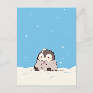 Cartão Postal Cute Fluffy Penguin in Snowy Winter Landscape