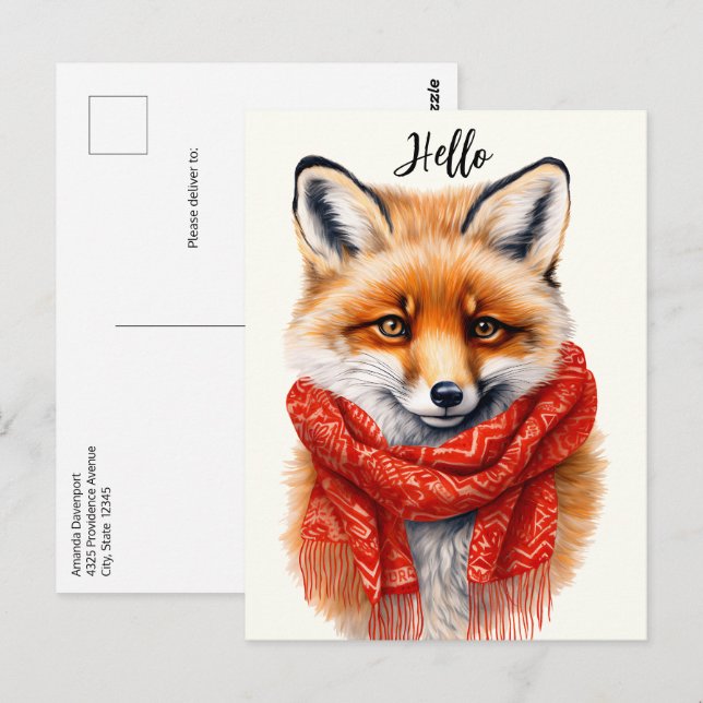 Cartão Postal Cute Fox in a Red Scarf Autumn Image (Frente/Verso)