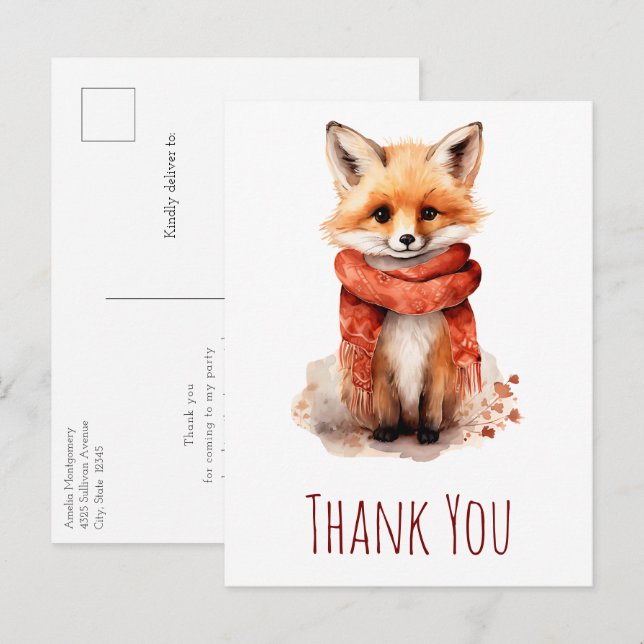 Cartão Postal Cute Fox Pup in a Red Scarf Thank You (Frente/Verso)